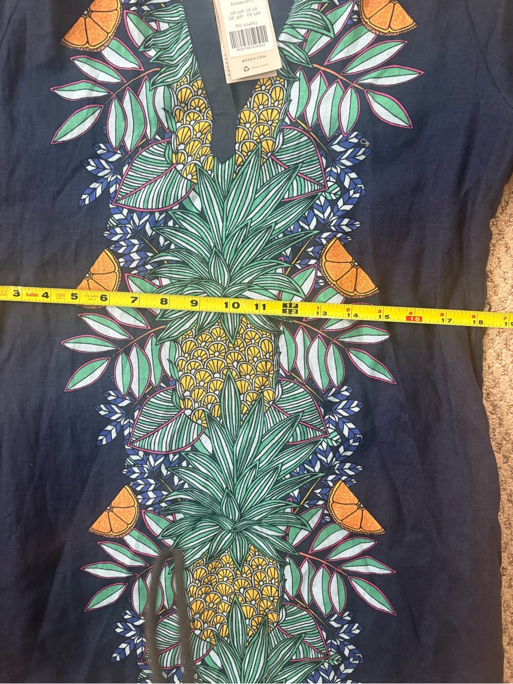 Boden linen dress tunic NWT US 6 notch neck linen mini navy pineapple bloom - Picture 13 of 16